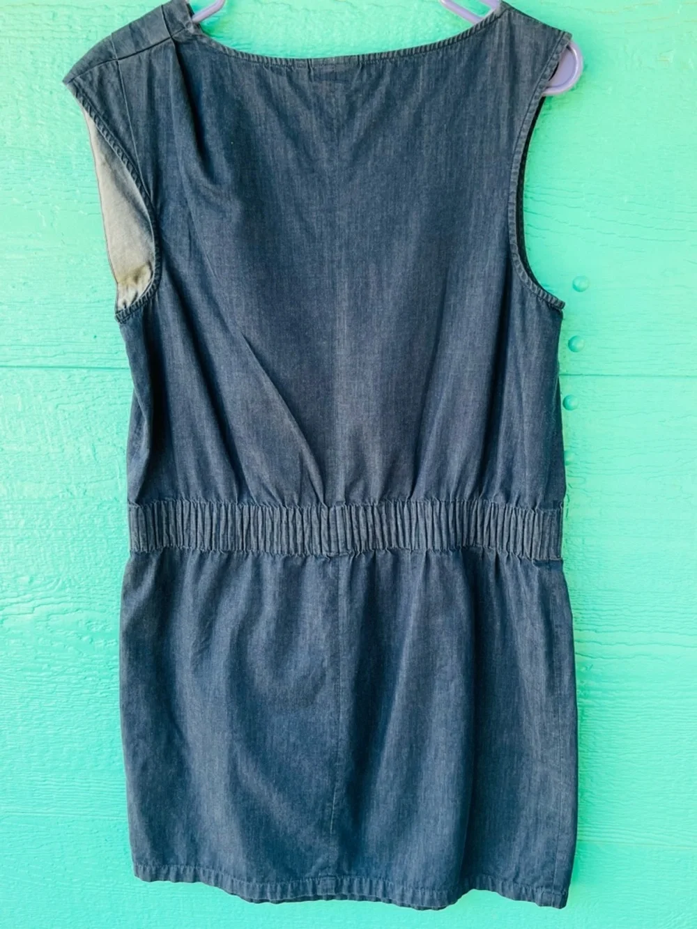 Kate Spade Saturday Denim Shift Dress L 💙 Shirred Waist Pleated Shoulder Cotton